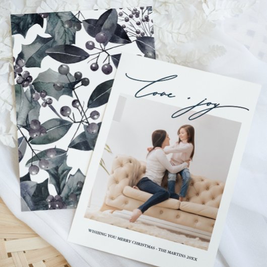 Rustikal Blauer Winter Botanisch mit Foto Holiday Einladung