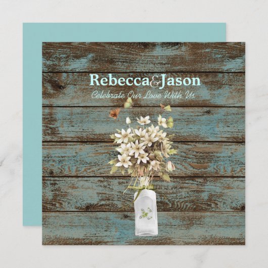rustikal-blaues Scheunenholz Wildblume Hochzeit Einladung (Vorne/Hinten)