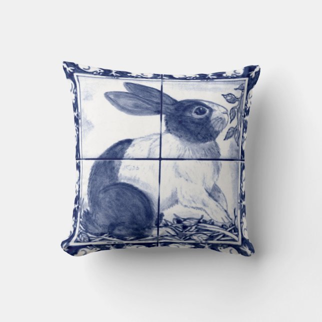 Rustikal Blue Dutch Rabbit Dedham Delft Cotattcore Kissen (Vorderseite)