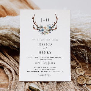 Rustikal Blue Floral Stag Antlers Wedding Einladung