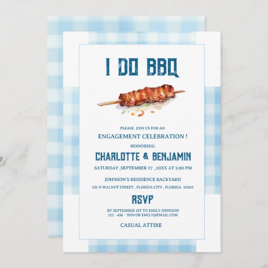 Rustikal Blue Gingham I GRILLEN Engagement Party Einladung (Vorne/Hinten)