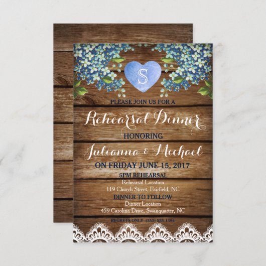 Rustikal Blue Hydrangea & Lace Probe Dinner Card Einladung (Vorne/Hinten)