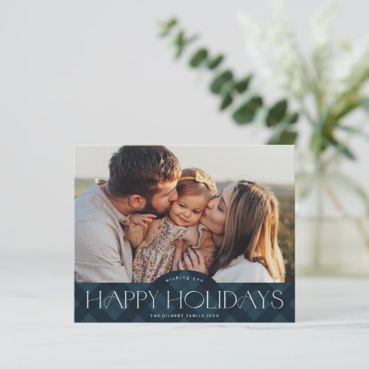 Rustikal Blue Kariert Budget Foto Holiday Card (Stehend Vorderseite)