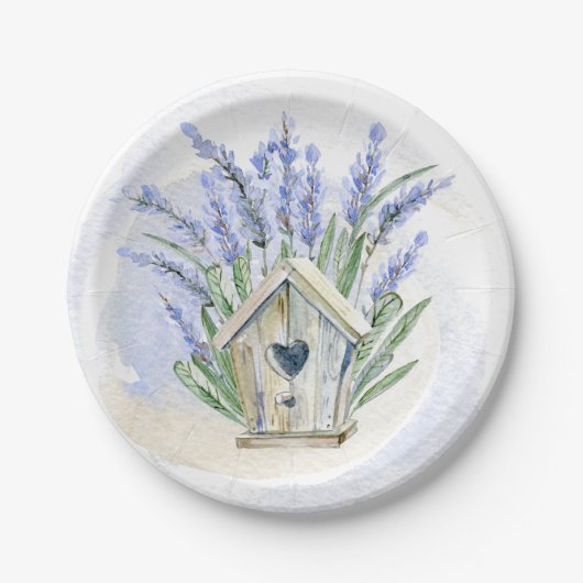 Rustikal Blue Lavender Birdhouse Floral Pappteller (Vorderseite)