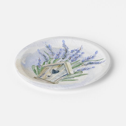 Rustikal Blue Lavender Birdhouse Floral Pappteller (Schrägansicht)