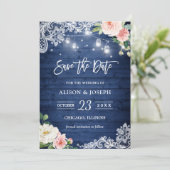 Rustikal Blue Mason Jar Lights Floral Save the Dat Einladung (Stehend Vorderseite)