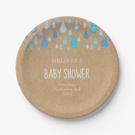 Rustikal Blue Raindrops Baby Boy Showdusche / Spri Pappteller (Vorderseite)