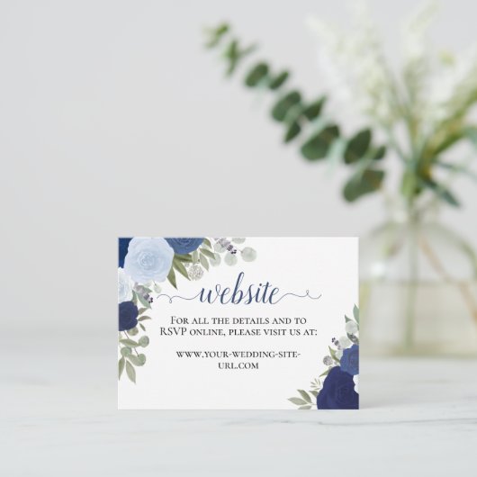 Rustikal Blue Watercolor Rose Hochzeitswebsite Begleitkarte (Stehend Vorderseite)