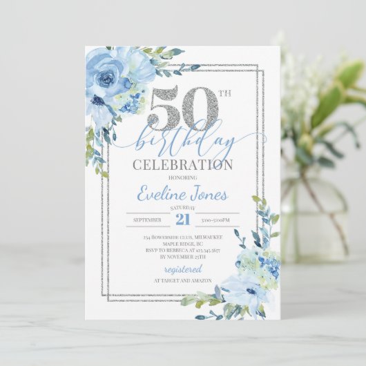 Rustikal blühender Silberrahmen 50. Geburtstag Einladung (Stehend Vorderseite)