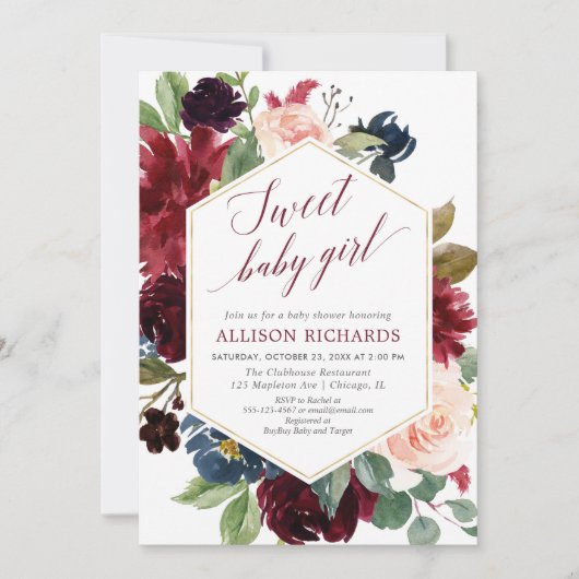 Rustikal blumengeschmückte junge Mädchen Bordeaux Einladung (Vorderseite)