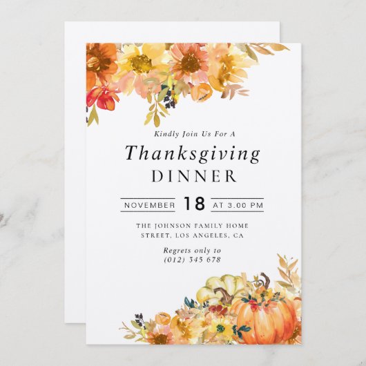 rustikal-blumengeschmückter Erntedank Einladung (Vorne/Hinten)