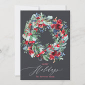 Rustikal blumenrot-grau Weihnachtskranz glücklich Feiertagskarte (Vorderseite)