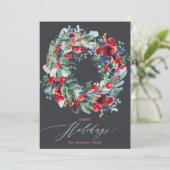 Rustikal blumenrot-grau Weihnachtskranz glücklich Feiertagskarte (Stehend Vorderseite)