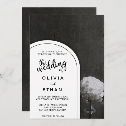 Rustikal blumenschwarz-weiß Hochzeit Einladung (Vorne/Hinten)