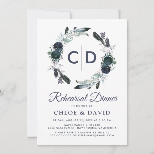 Rustikal Boho Blue Floral Probe Dinner Einladung (Vorderseite)