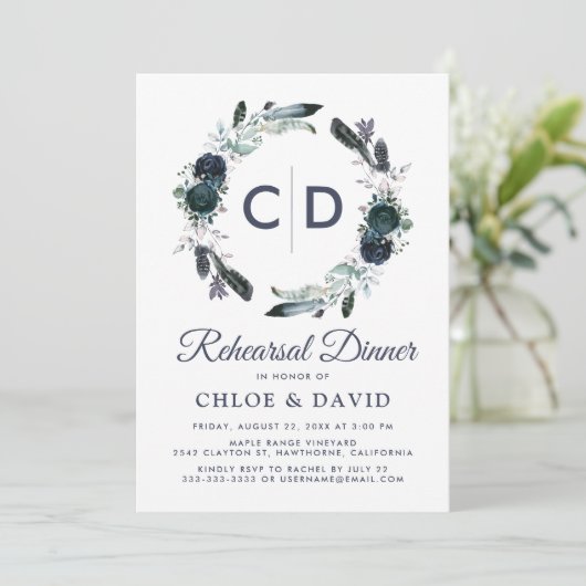 Rustikal Boho Blue Floral Probe Dinner Einladung (Stehend Vorderseite)