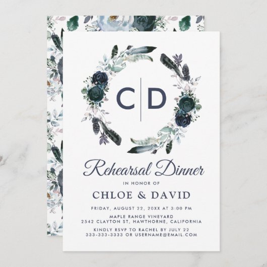Rustikal Boho Blue Floral Probe Dinner Einladung (Vorne/Hinten)