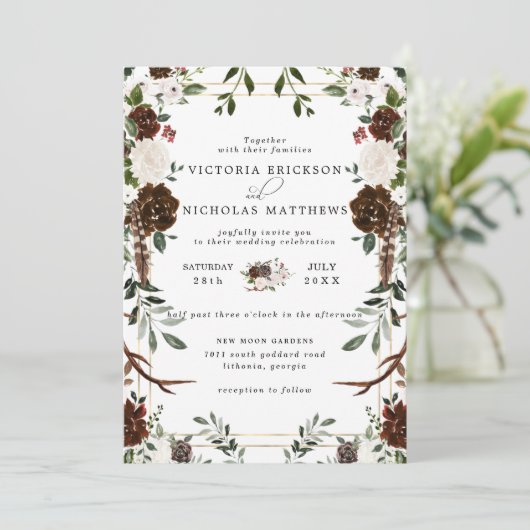 Rustikal | Boho Botanical Wedding Einladung (Stehend Vorderseite)