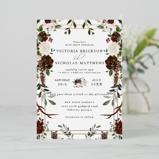 Rustikal | Boho Botanical Wedding Einladung (Stehend vorne)