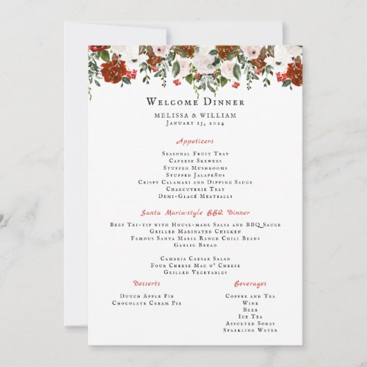 Rustikal | Boho Botanical Wedding Menu Einladung (Vorderseite)
