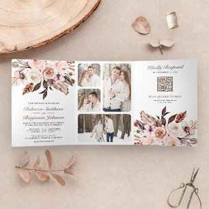 Rustikal Boho Erdiges Elfenbein Blumen QR Code Hoc Dreifach Gefaltete Einladung