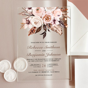 Rustikal Boho Erdiges Elfenbein Blumenhochzeit Acryleinladungen