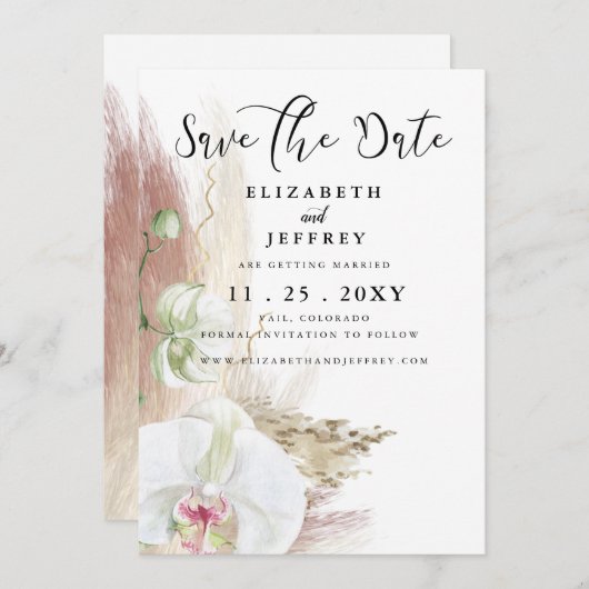Rustikal Boho Pampas Grass Orchid Save the Date Ankündigung (Vorne/Hinten)
