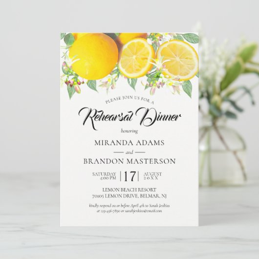 Rustikal Boho Wasserfarbe Lemon Probe Abendessen Einladung (Stehend Vorderseite)