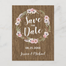 Rustikal Boho Wood Floral Save the Date Postkarte