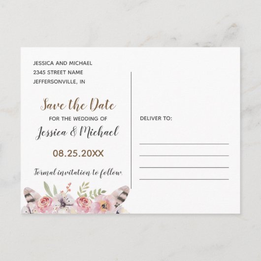 Rustikal Boho Wood Floral Save the Date Postkarte (Rückseite)