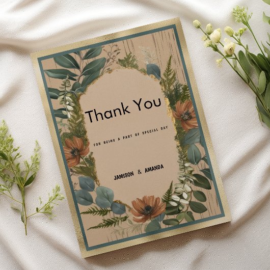 Rustikal-braun-goldfarbene Minze floral Danke Einladung