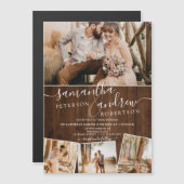 Rustikal braun Holz Chic Skript 4 Fotos Hochzeit Magneteinladung (Vorne/Hinten)