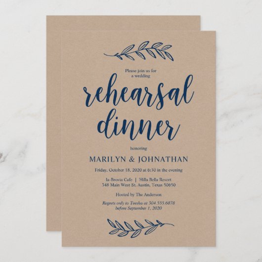 Rustikal-Braun-Kraft, Probe-Dinner, Navy Blue Einladung (Vorne/Hinten)