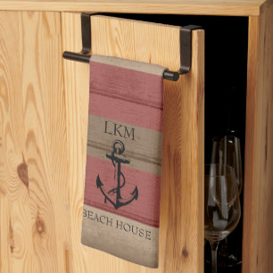 Rustikal Braun und Rot Holz Nautical - Monogramm Geschirrtuch