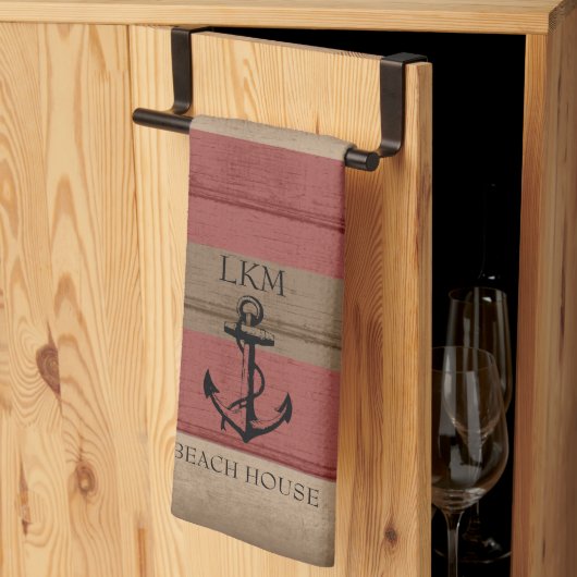 Rustikal Braun und Rot Holz Nautical - Monogramm Geschirrtuch (Drittel gefaltet)