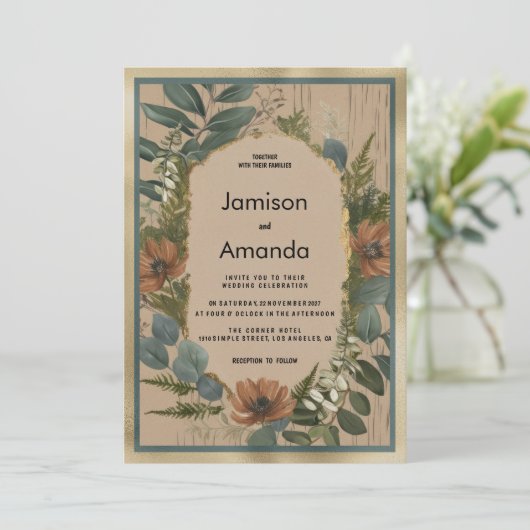 Rustikal-braune Goldminze Einladung (Stehend Vorderseite)