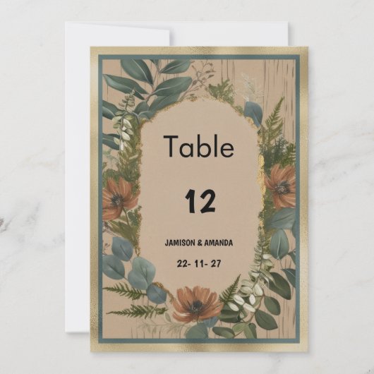 Rustikal-braune Goldminze, geblümte Tischnummern (Vorderseite)