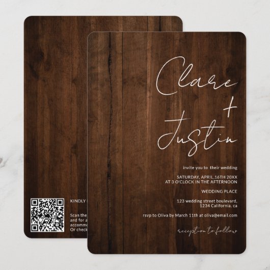 Rustikal-braune Holzskriptnamen qr Code-Hochzeit Einladung (Vorne/Hinten)