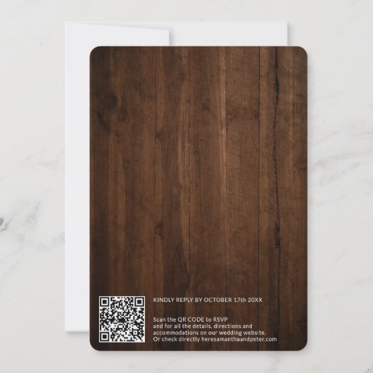 Rustikal-braune Holzskriptnamen qr Code-Hochzeit Einladung (Rückseite)