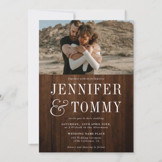 Rustikal braunes Holz kühn Fall Foto Hochzeit Einladung (Vorderseite)