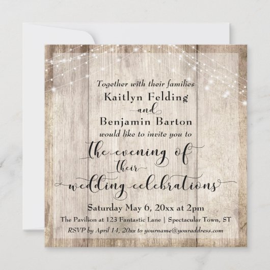 Rustikal-braunes Holz & Lights Abend Hochzeitsvera Einladung (Vorderseite)