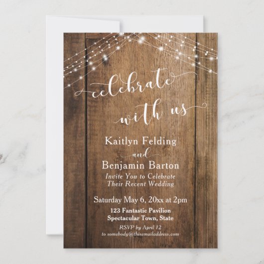 Rustikal-braunes Holz und Lichter feiern mit uns Einladung (Vorderseite)