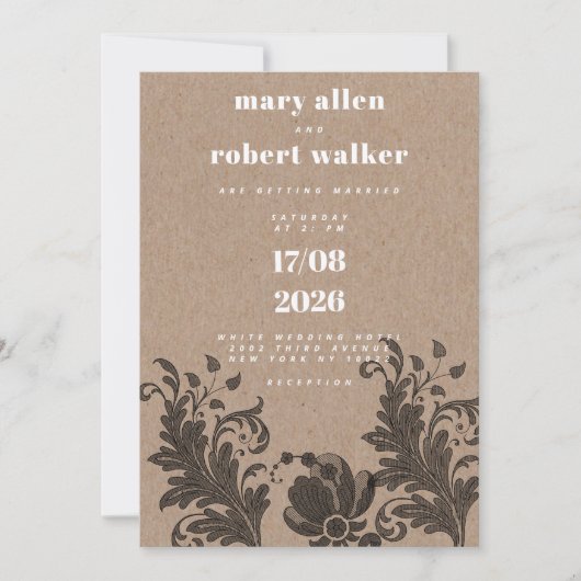 Rustikal-braunes Kraftpapier, schwarze Blumenspitz Einladung (Vorderseite)