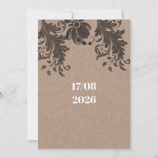 Rustikal-braunes Kraftpapier, schwarze Blumenspitz Einladung (Rückseite)