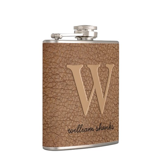 Rustikal braunes Leder schwarz goldfarbener Chongr Flachmann (Rechts)