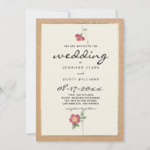 Rustikal braunes Papier Elfenbein Rote Blumenhochz Einladung (Vorderseite)