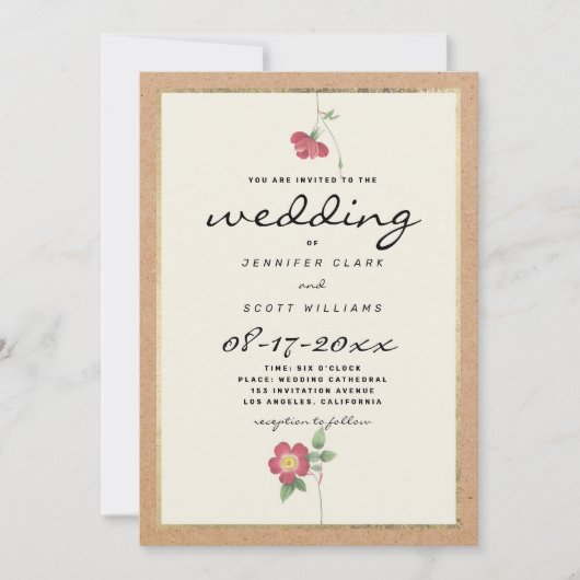 Rustikal braunes Papier Elfenbein Rote Blumenhochz Einladung (Vorderseite)