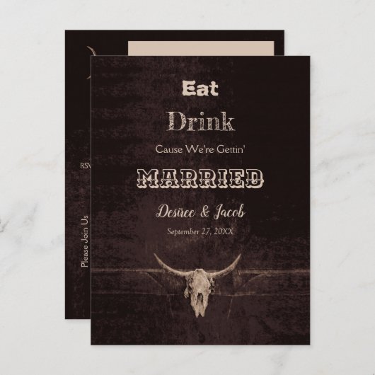 Rustikal Brown Eat Drink Verheiratet Bull Skull Ankündigungspostkarte (Vorne/Hinten)