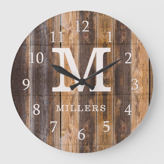 Rustikal Brown Pallet Woods Familienname Mit Monog Große Wanduhr (Vorderseite)