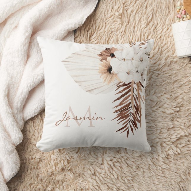 Rustikal Brown Pampas Grass White Orchio Monogramm Kissen (Decke)